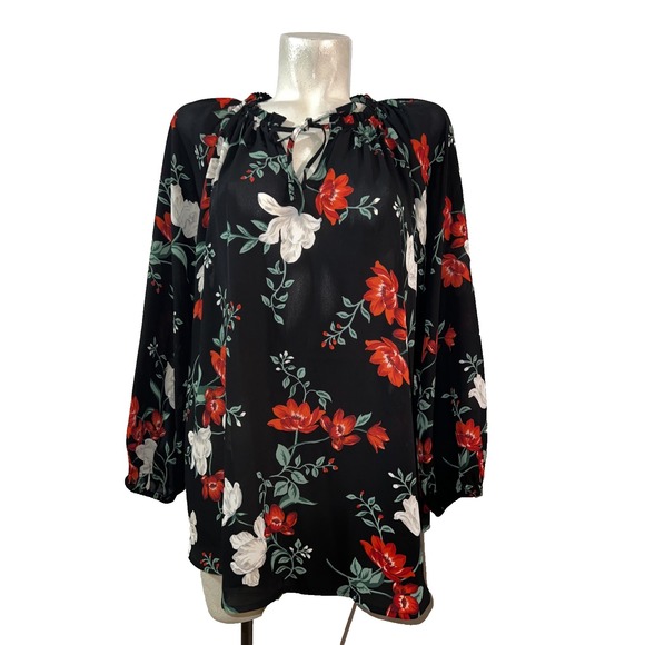 Old Navy Tops - Old Navy Womens 2X Plus Black Floral Tie Neck Long Sleeve Peasant Blouse Top